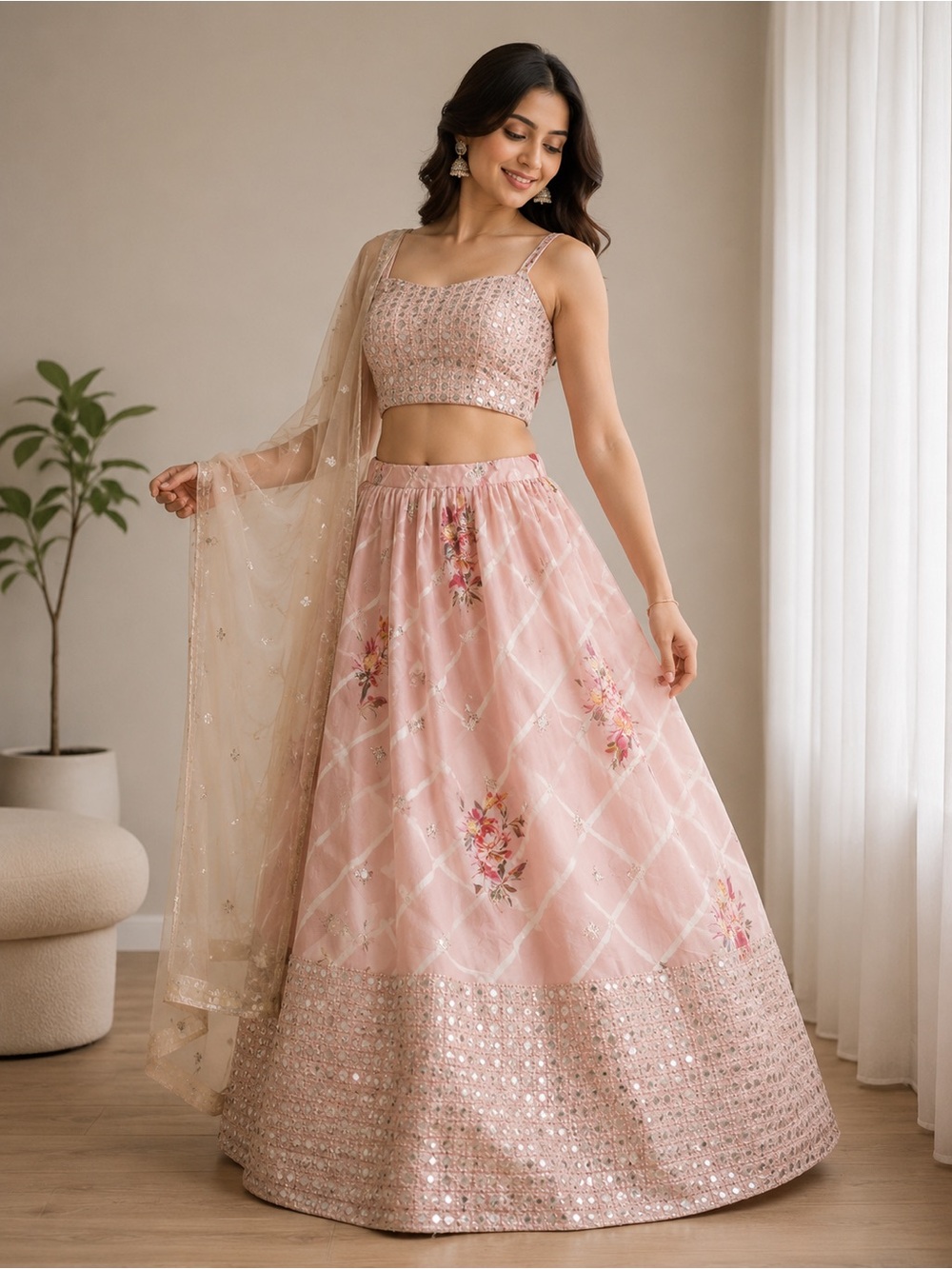 Ethnic Indian Wear Pink Embroidered Lehenga Choli with Gold Dupatta